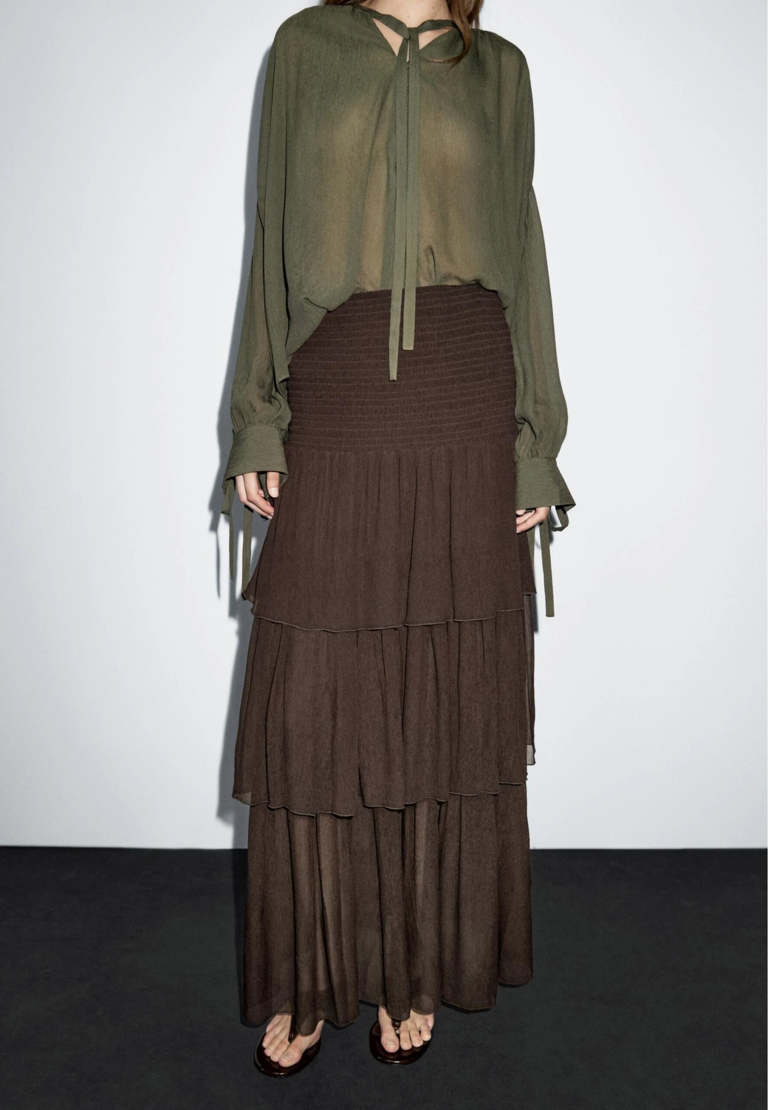 Massimo Dutti LONG RUFFLED - A-line Skirt - Mottled Dark Brown 3 Massimo Dutti LONG RUFFLED - A-line Skirt - Mottled Dark Brown