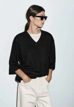 Massimo Dutti WIDE V-NECK - Jumper - Black