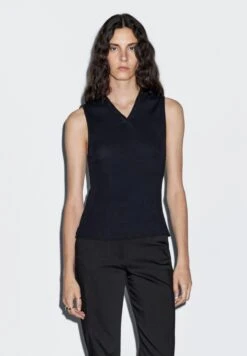 Massimo Dutti V-NECK RIBBED WITH COLLAR DETAIL - Top - Dark Blue