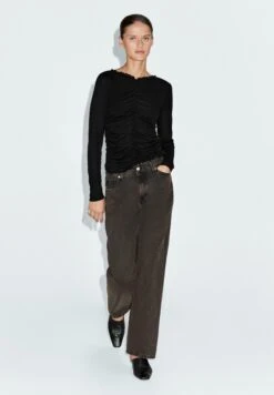 Massimo Dutti GATHERED LONG SLEEVE WITH V-NECK - Long Sleeved Top - Black