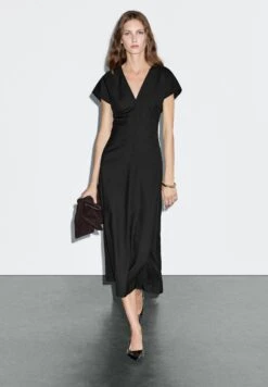 Massimo Dutti MIDI V-NECK - Day Dress - Black