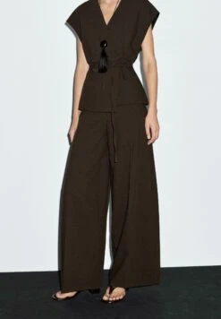 Massimo Dutti HIGH-WAIST WIDE-LEG - Trousers - Mottled Dark Brown