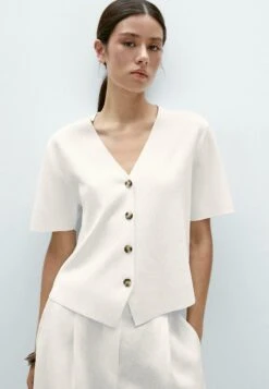 Massimo Dutti FLOWING SHORT SLEEVE WITH V-NECK - Button-down Blouse - White