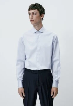 Massimo Dutti Regular Fit Textured With Double Cuffs- Formal Shirt - Light Blue