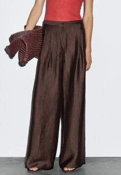 Massimo Dutti WIDE-LEG MID-RISE CRINKLE - Trousers - Brown