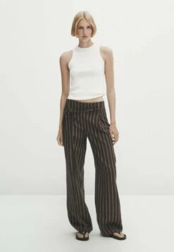 Massimo Dutti Striped With Tie Detail - Trousers - Brown