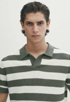 Massimo Dutti Striped Short Sleeve- Polo Shirt - Mottled Green -Massimo Dutti Shop 159349ffc597410cbfd5767119251c4c
