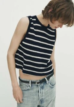 Massimo Dutti Textured Striped Crop - Top - Dark Blue