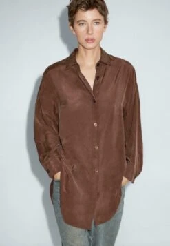 Massimo Dutti LONG FLOWING - Button-down Blouse - Dark Brown