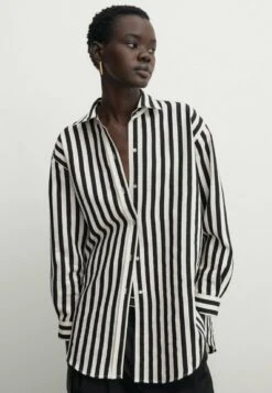 Massimo Dutti Wide Striped Blend- Button-Down Blouse - White