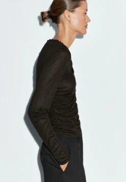 Massimo Dutti GATHERED LONG SLEEVE WITH V-NECK - Long Sleeved Top - Mottled Dark Brown -Massimo Dutti Shop 1b4758e776d1475b98211fc6246002ea