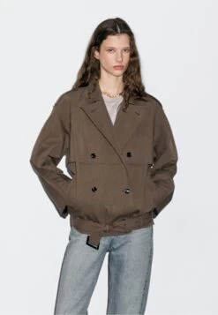 Massimo Dutti SHORT WITH BELT DETAIL - Trenchcoat - Dark Brown