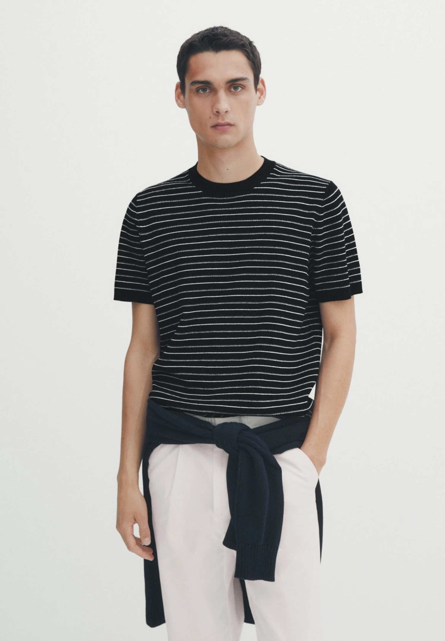 Massimo Dutti Short Sleeve With Irregular Stripes - Print T-Shirt - Dark Blue