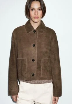 Massimo Dutti SHORT WITH POCKET DETAILS - Leather Jacket - Brown