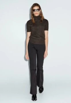 Massimo Dutti HIGH NECK WITH SHORT SLEEVE - Basic T-shirt - Mottled Dark Brown