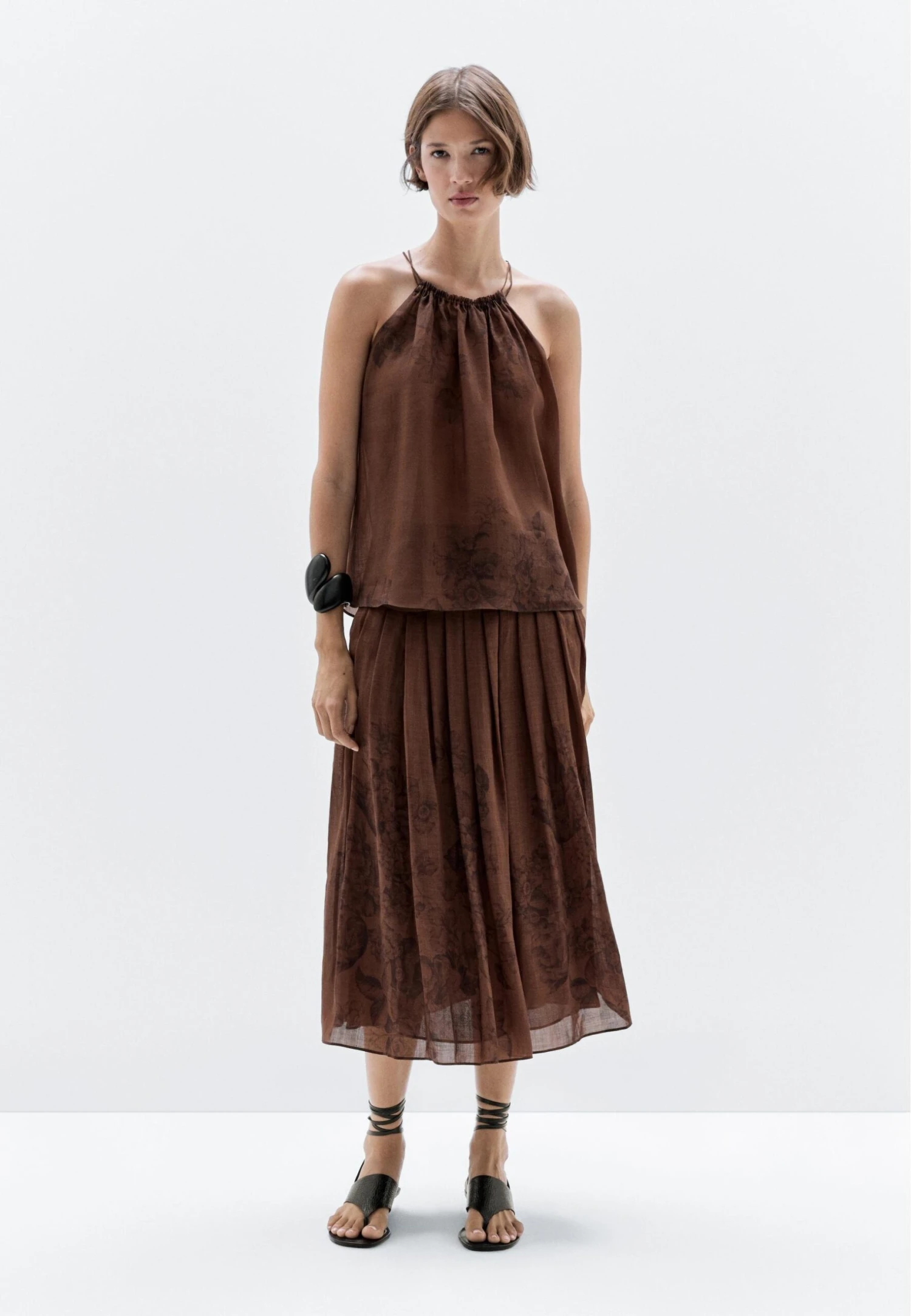 Massimo Dutti FLARED FLORAL PRINT MIDI - Pleated Skirt - Mottled Dark Brown 4 Massimo Dutti FLARED FLORAL PRINT MIDI - Pleated Skirt - Mottled Dark Brown - Image 2
