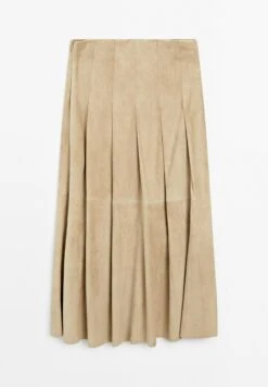 Massimo Dutti LONG PLEATED SUEDE FINISH - Leather Skirt - Beige -Massimo Dutti Shop 1f6dfc8967a248c69930ab09b7aee996