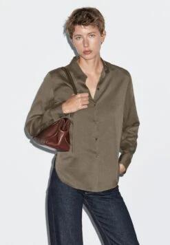 Massimo Dutti FLOWING LONG SLEEVE - Button-down Blouse - Khaki
