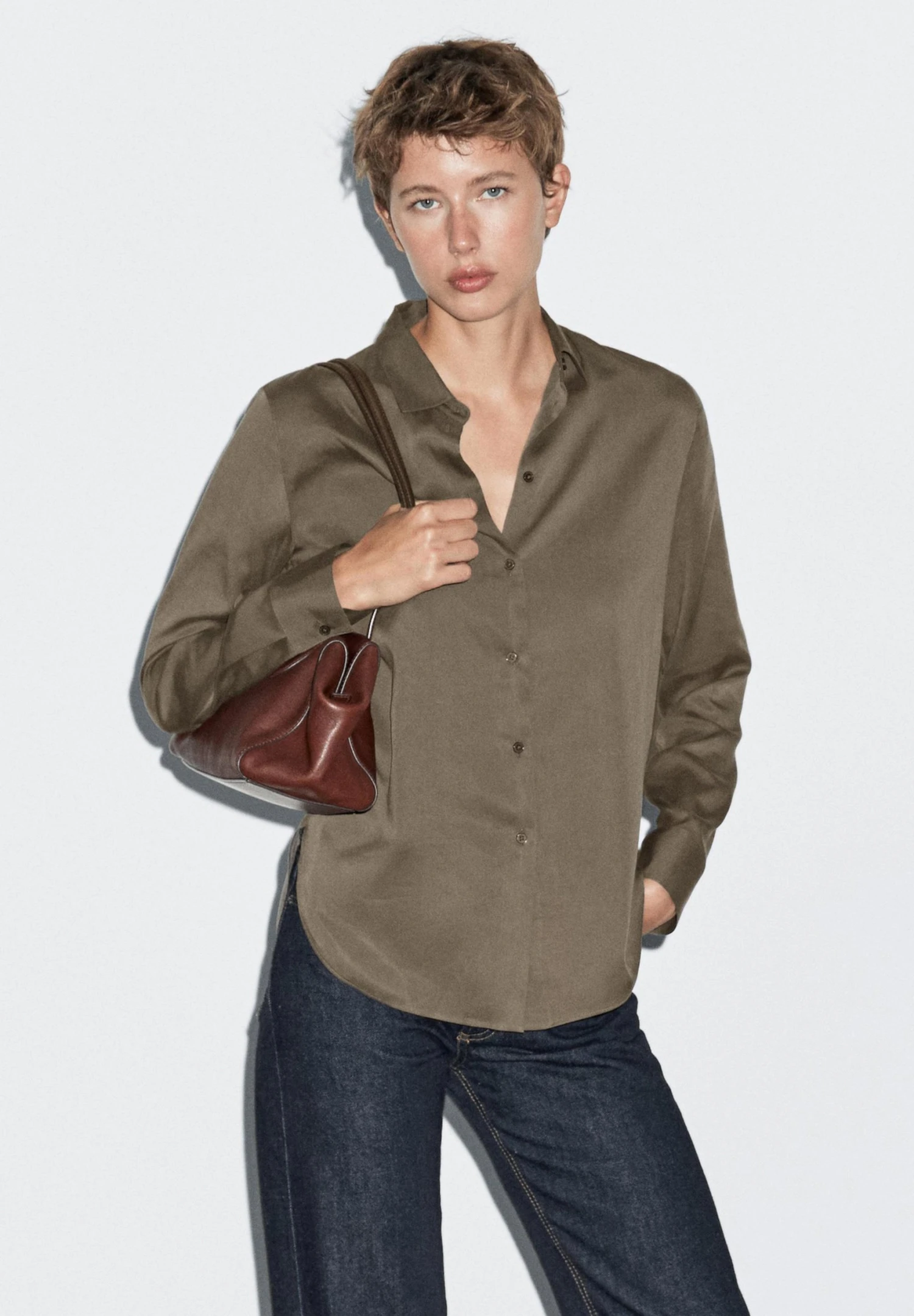 Massimo Dutti FLOWING LONG SLEEVE - Button-down Blouse - Khaki 3 Massimo Dutti FLOWING LONG SLEEVE - Button-down Blouse - Khaki