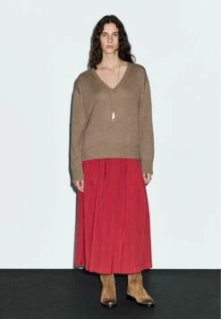 Massimo Dutti LONG SLEEVE V-NECK - Jumper - Mottled Brown