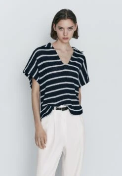 Massimo Dutti Blend Striped - Polo Shirt - Dark Blue