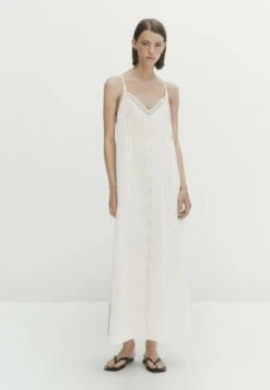 Massimo Dutti With Straps And Embroidery Detail - Maxi Dress - White