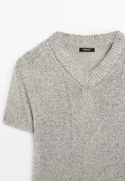 Massimo Dutti V-NECK SHORT SLEEVE WITH FABRIC DETAIL - Jumper - Grey -Massimo Dutti Shop 290905363e904322a61939dbabad0843