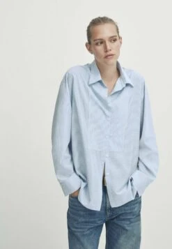 Massimo Dutti Striped With Chest Detailing - Button-Down Blouse - Light Blue