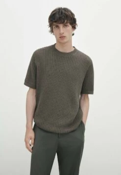 Massimo Dutti Crochet With Short Sleeves- Basic T-Shirt - Khaki