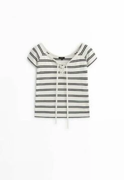Massimo Dutti Striped With Neckline - Print T-Shirt - Beige -Massimo Dutti Shop 2c94df504262453690e2059927854141