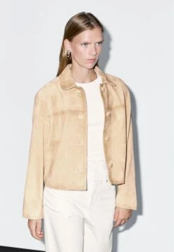 Massimo Dutti SHORT - Leather Jacket - Beige