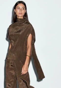 Massimo Dutti PINSTRIPE GARMENT WITH SCARF COLLAR - Blouse - Mottled Dark Brown