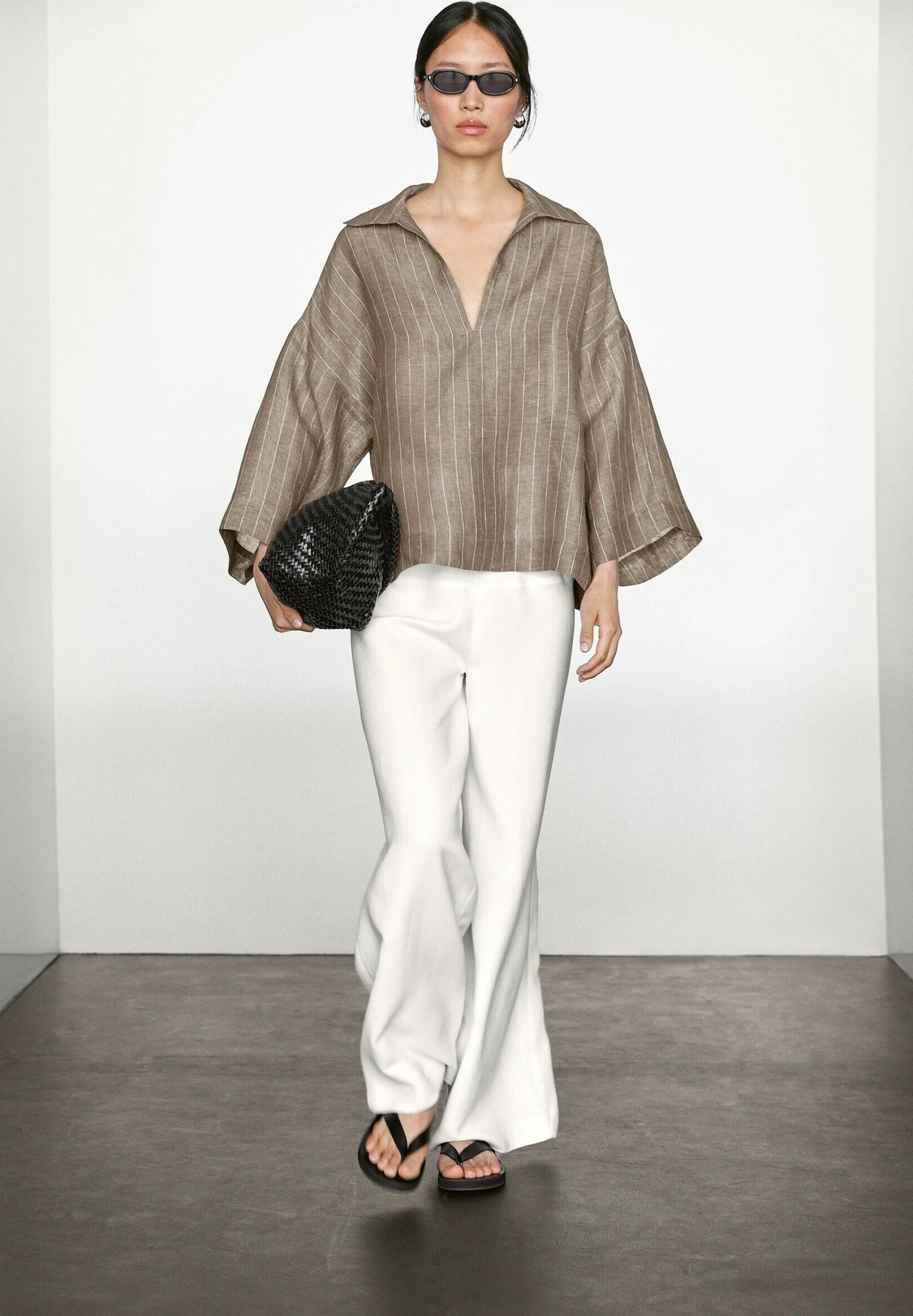 Massimo Dutti STRIPED OPEN NECK GARMENT - Blouse - Mottled Brown 4 Massimo Dutti STRIPED OPEN NECK GARMENT - Blouse - Mottled Brown - Image 2