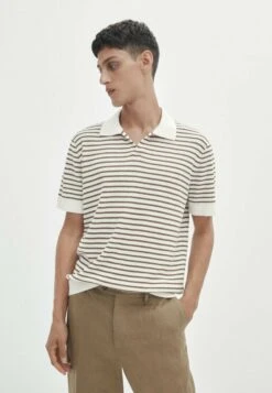 Massimo Dutti Striped Collar- Polo Shirt - Beige