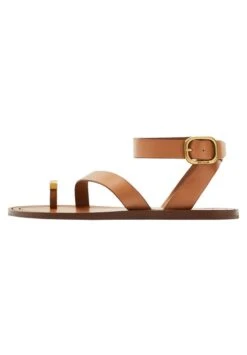 Massimo Dutti Flat Slider With Metallic Piece - T-Bar Sandals - Brown