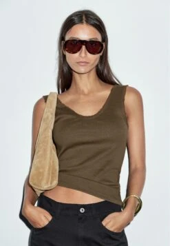 Massimo Dutti ROUND NECK WITH FRAYED PIPING - Top - Mottled Brown