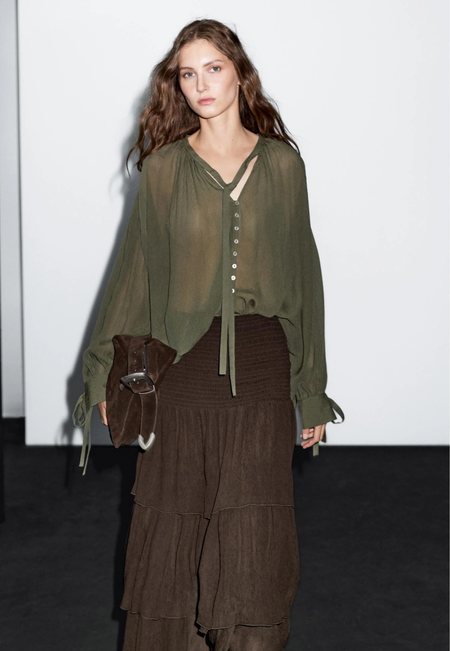 Massimo Dutti LONG RUFFLED - A-line Skirt - Mottled Dark Brown 5 Massimo Dutti LONG RUFFLED - A-line Skirt - Mottled Dark Brown - Image 3