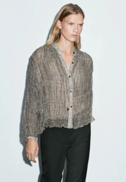 Massimo Dutti GATHERED GINGHAM GARMENT - Button-down Blouse - Black