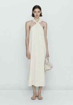 Massimo Dutti Textured With Crossover Strap - Day Dress - Beige