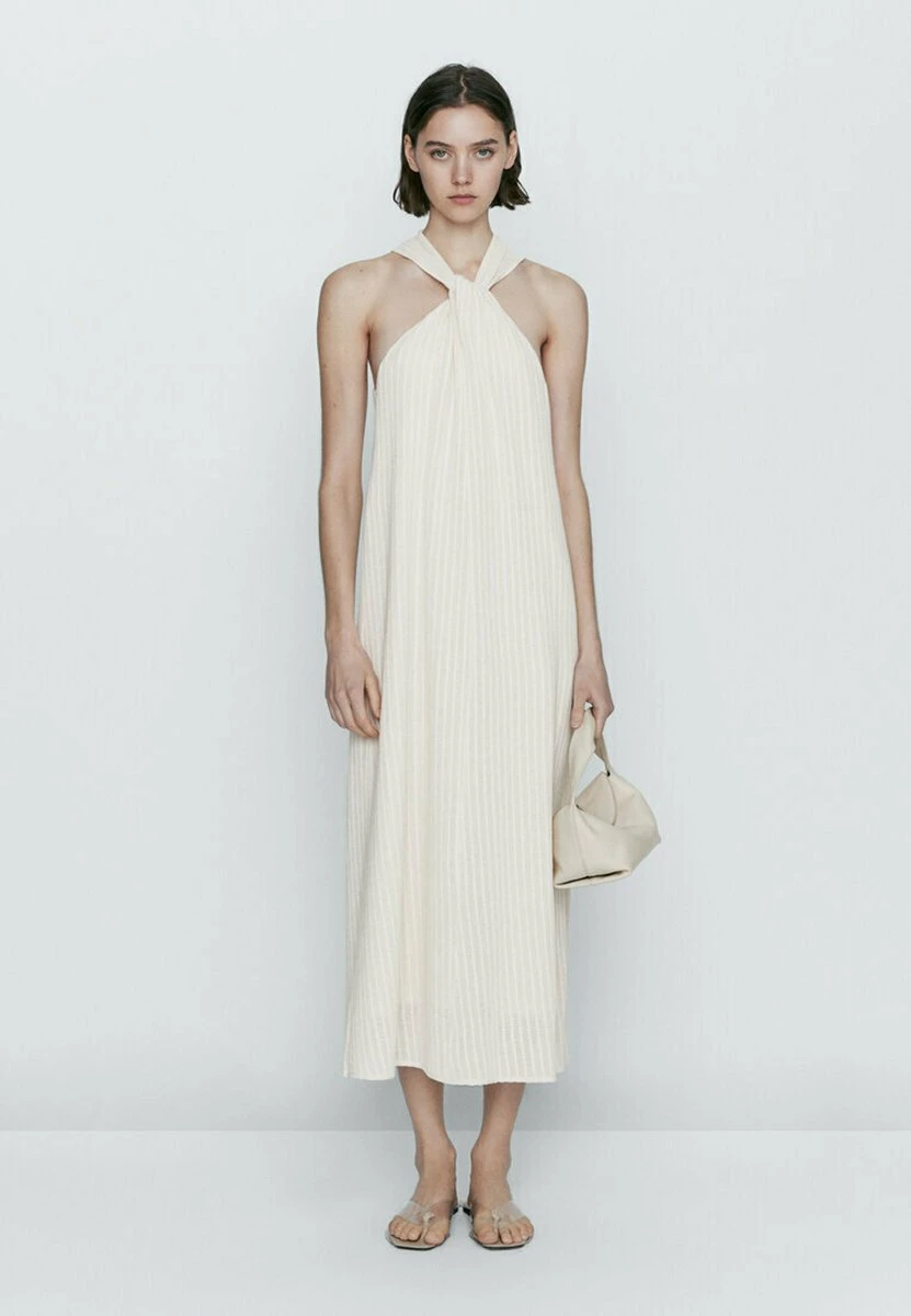 Massimo Dutti Textured With Crossover Strap - Day Dress - Beige 3 Massimo Dutti Textured With Crossover Strap - Day Dress - Beige