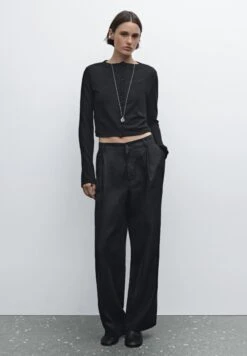 Massimo Dutti WIDE-LEG MID-RISE - Trousers - Black
