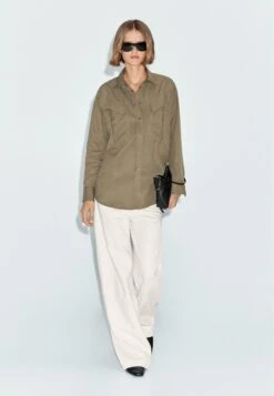 Massimo Dutti LONG WITH POCKET DETAILS - Button-down Blouse - Khaki -Massimo Dutti Shop 363aff2db1ac43d39161ae4db0c50539