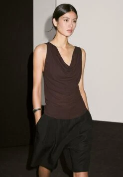 Massimo Dutti DRAPED NECKLINE - Top - Dark Brown