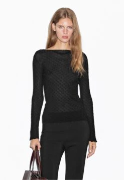 Massimo Dutti CREW NECK LONG SLEEVE TEXTURED - Long Sleeved Top - Black