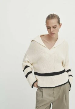 Massimo Dutti Striped With Polo Collar - Jumper - Beige