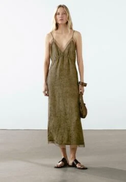 Massimo Dutti MIDI SLIP WITH SHEER DETAIL - Day Dress - Mottled Dark Green