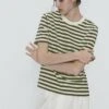 Massimo Dutti Short Sleeve Striped - Print T-Shirt - Khaki