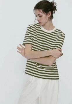 Massimo Dutti Short Sleeve Striped - Print T-Shirt - Khaki