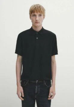 Massimo Dutti Textured Short Sleeve - Polo Shirt - Black