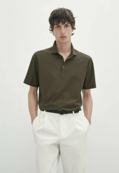 Massimo Dutti Short Sleeve Diagonal Micro - Polo Shirt - Khaki